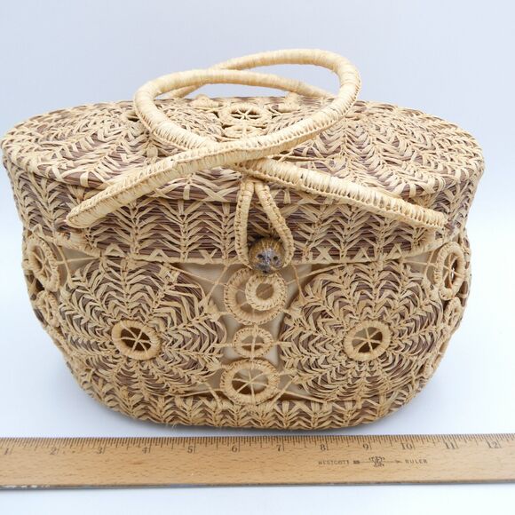 Handmade Woven Pine Straw Basket Purse 10x7 Wood Bottom Retro Boho VTG EUC - Picture 12 of 13
